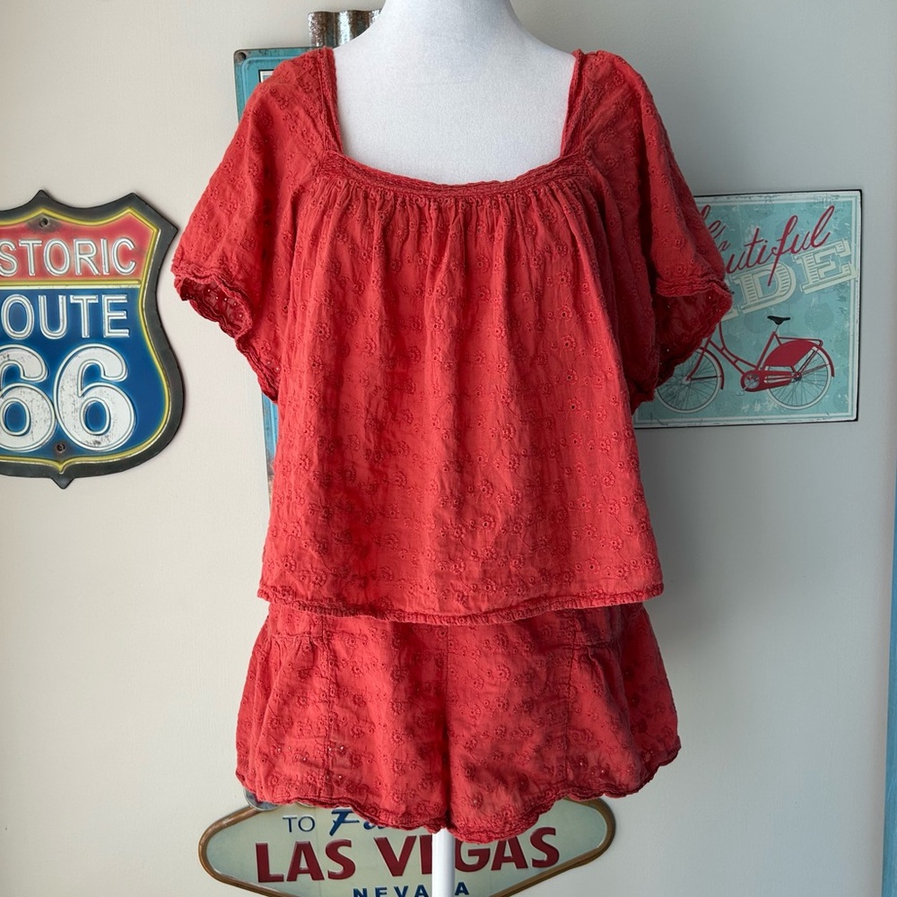Anthropologie Coral Red Eyelet Peasant Blouse